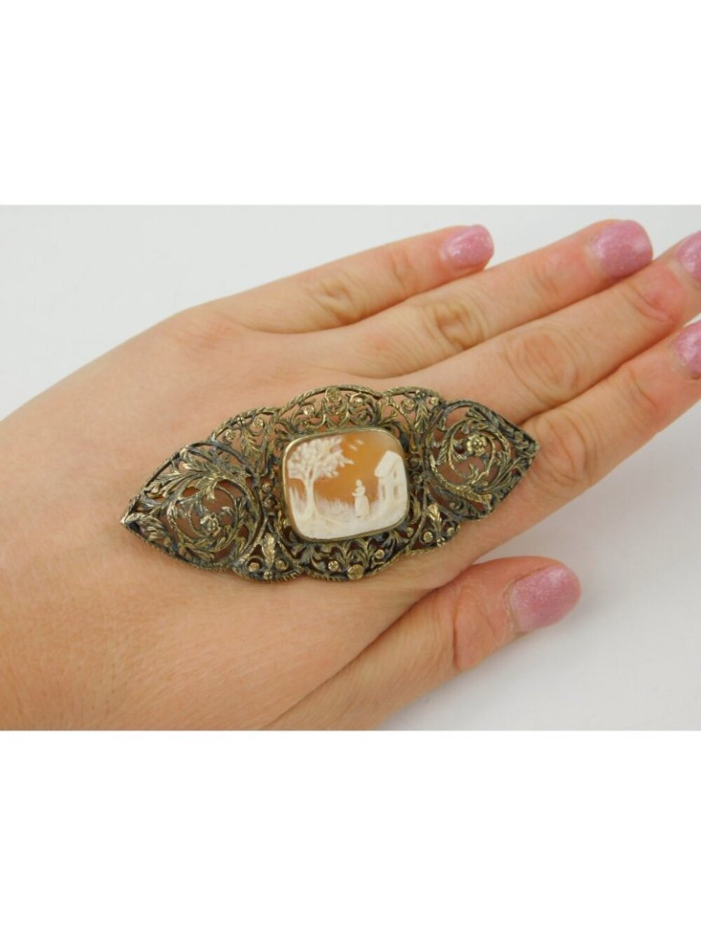 Antique 14k Gold 3.25" Filigree Floral Carved Shell Landscape Cameo Brooch Pin - Picture 12 of 16